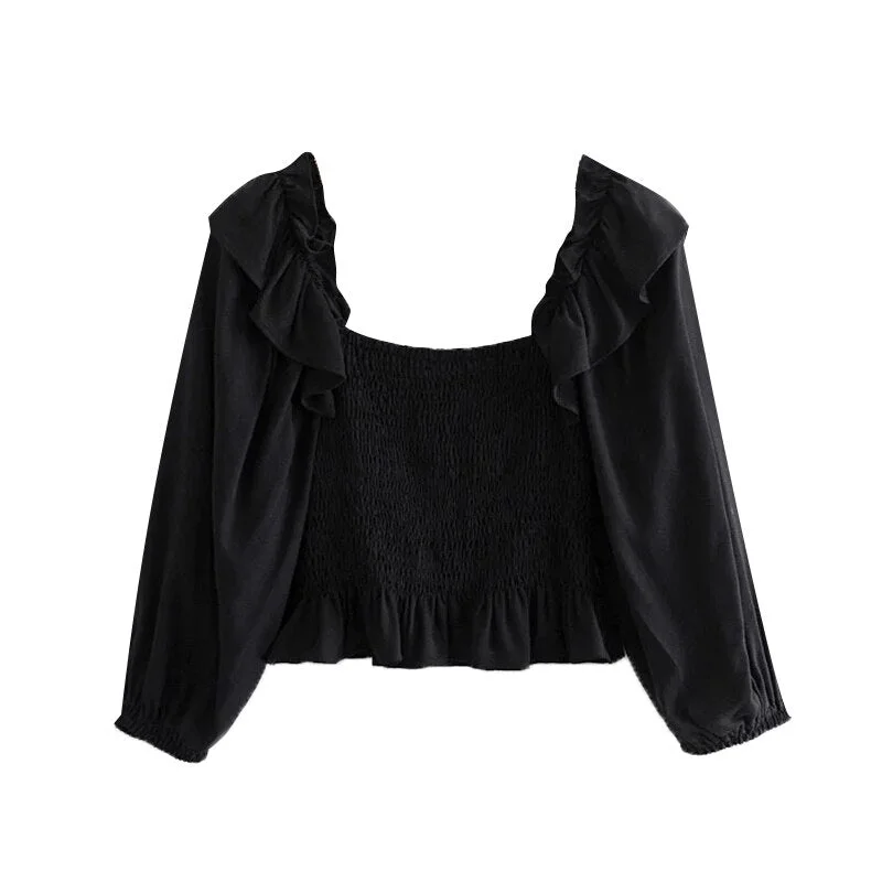 TRAF Women Fashion Smocked Elastic Cropped Blouses Vintage Three Quarter Sleeve Ruffled Female Shirts Chic Tops