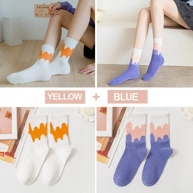 FINETOO 2Pairs/lot Women Midi Tube Socks Female Autumn Winter Candy Colors Korean Japanese Stitching Cotton Girls Graffiti Sock