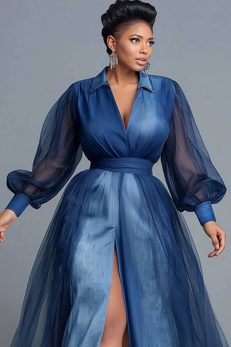 Xpluswear Design Plus Size Business Casual Blue V Neck Lantern Sleeve Long Sleeve Split Casual Contrast Denim Maxi Dresses [Pre-Order]