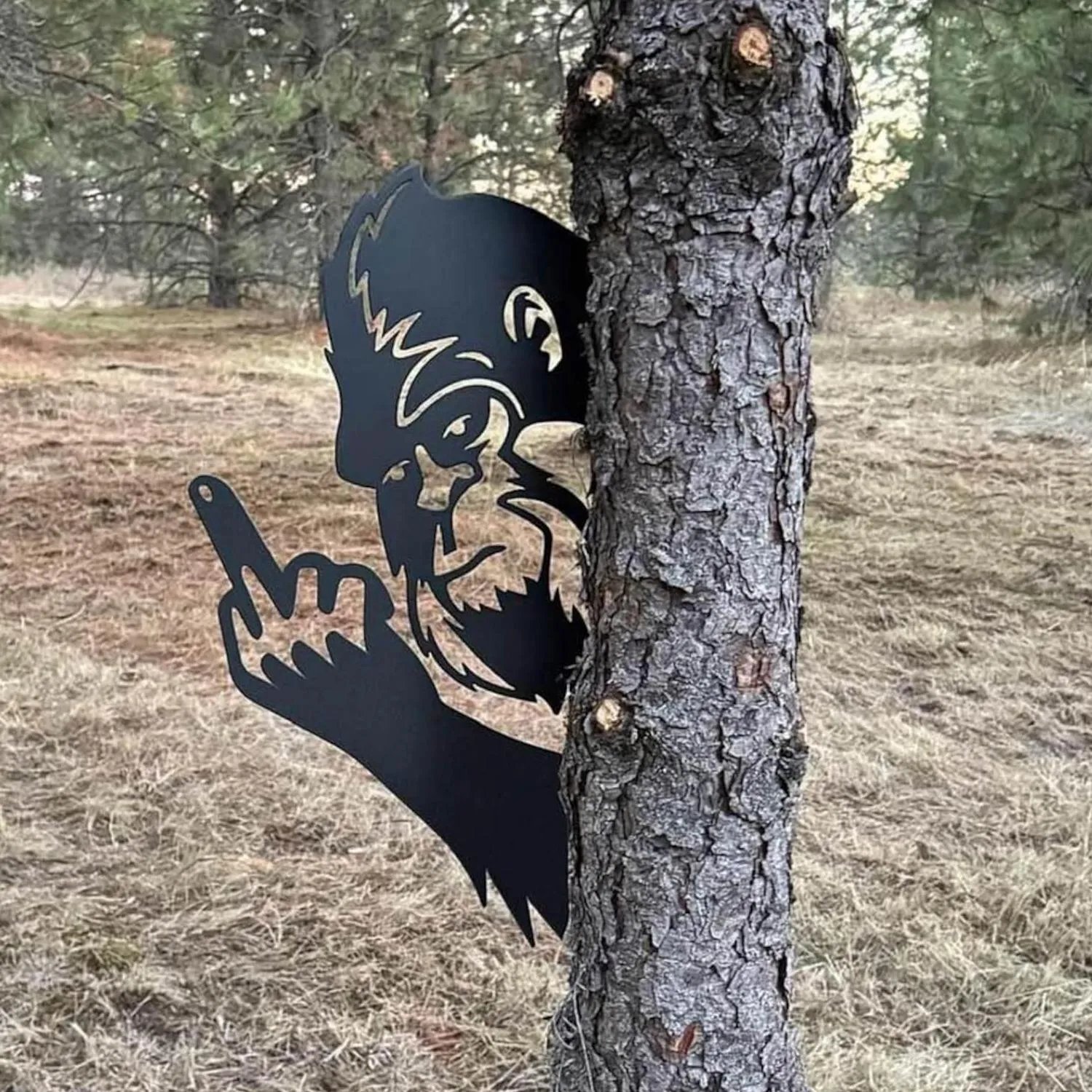 Peek-a-Boo Flipping Off Bigfoot Metal Sign - tree - Codlins
