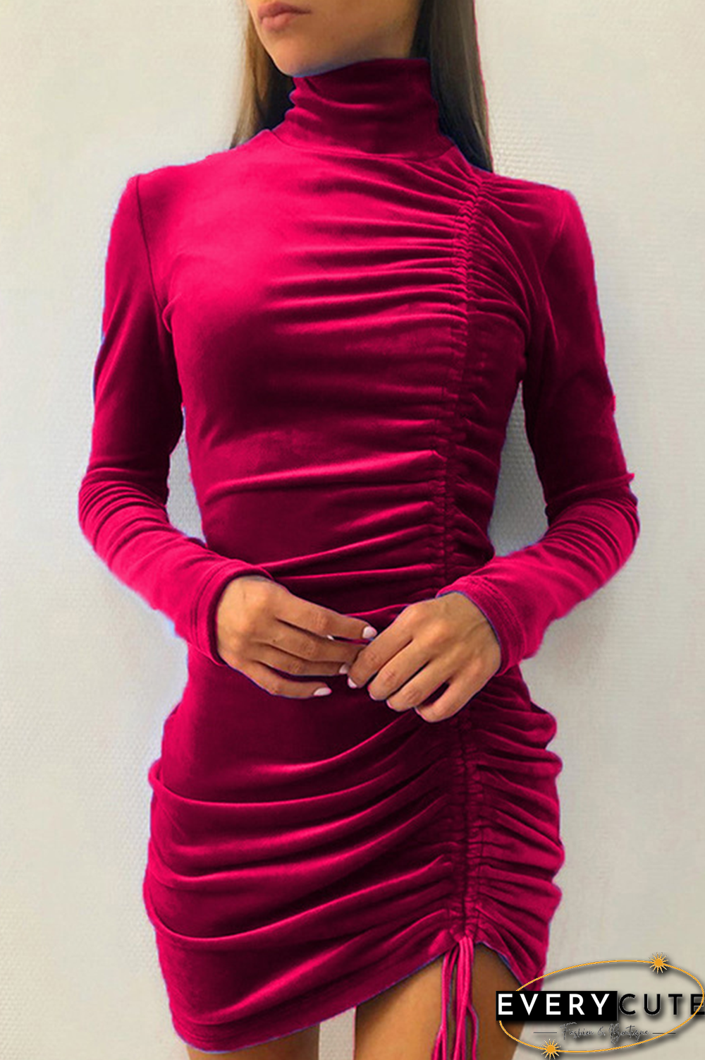 Fashion Elegant Solid Split Joint Fold Half A Turtleneck Pencil Skirt Dresses