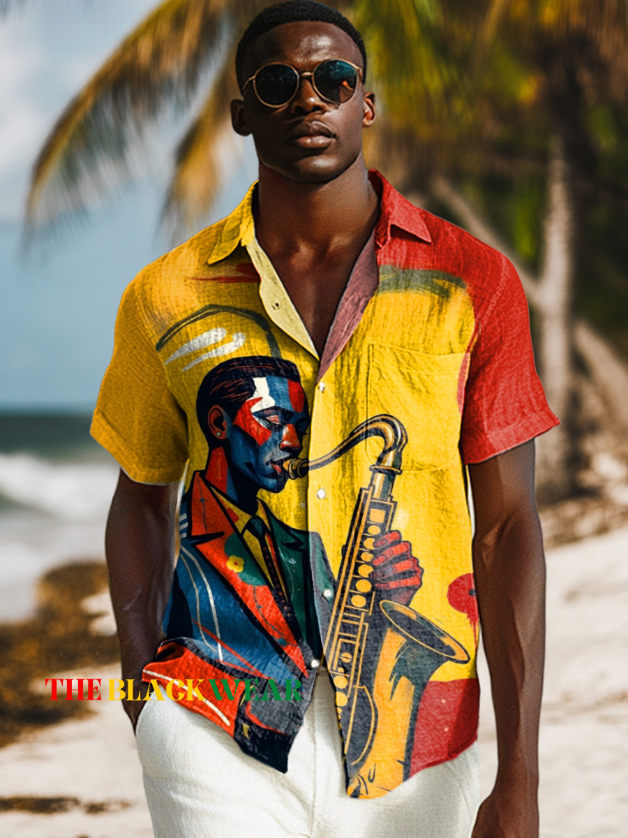 Fashion Colorful Saxophone Player Art Print Casual 100% Cotton Shirt