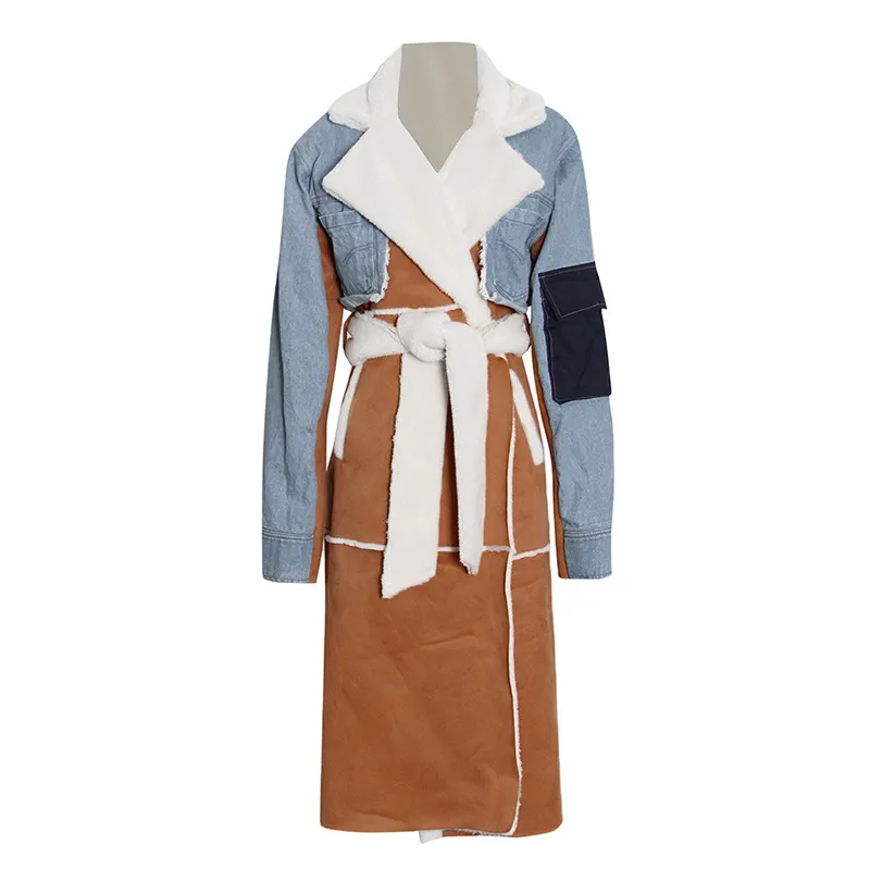 Uveng Uveng New Long Denim Splicing Lamb Wool Coat Female Lapel Waist Show Thin Temperament Fashion Coat
