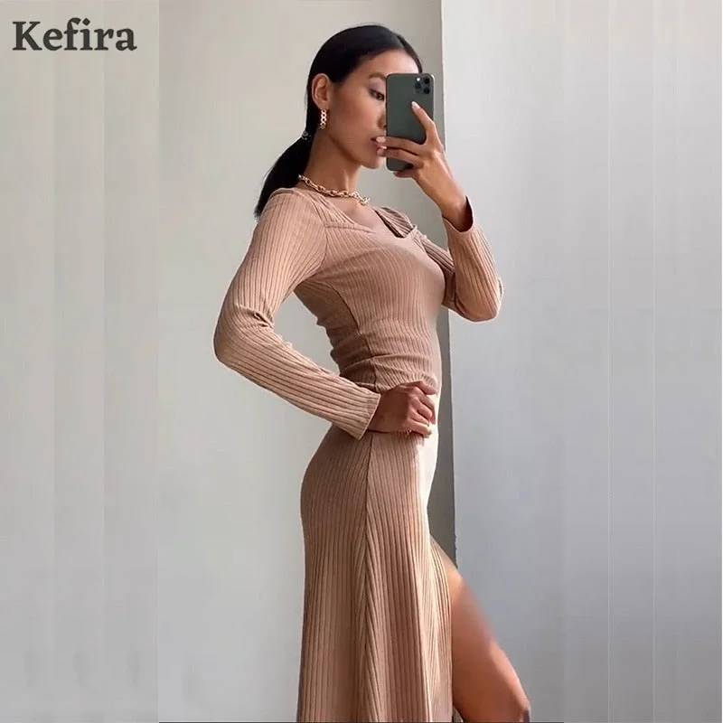 Kefira 2022 Sexy Square Neck A Line Midi Dress Women Spring Kintted Long Sleeve Basic Street Vintage Khaki Split Party Dresses