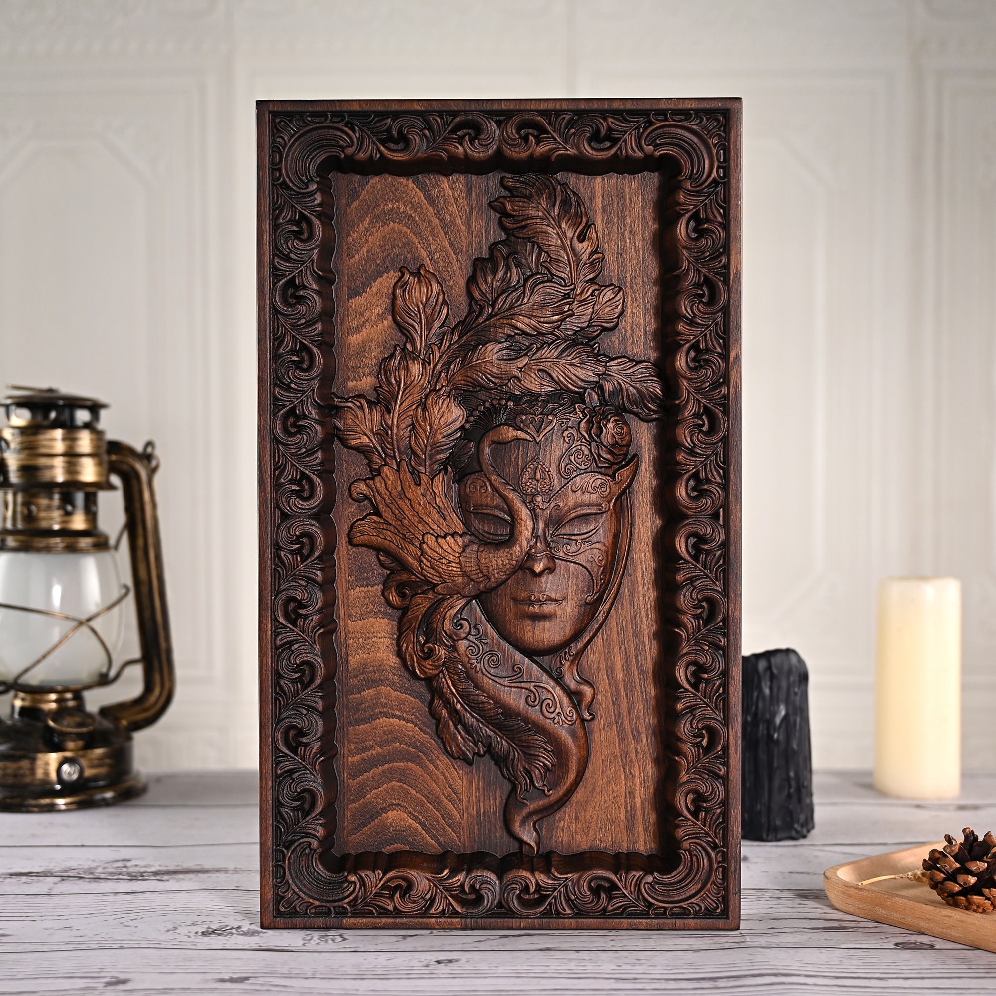 Venice Peacock Mask Beech Wood Carving Wall Wall Decoration