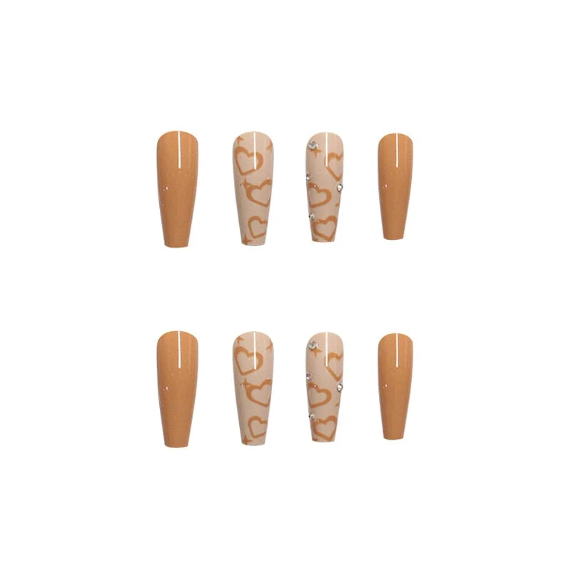 24pcs Love Heart Printed Nail Patch Rhinestone Decor Ballerina Fake Nails Press on Nails Wearable False Nail Tips With Glue-Nail Inspo