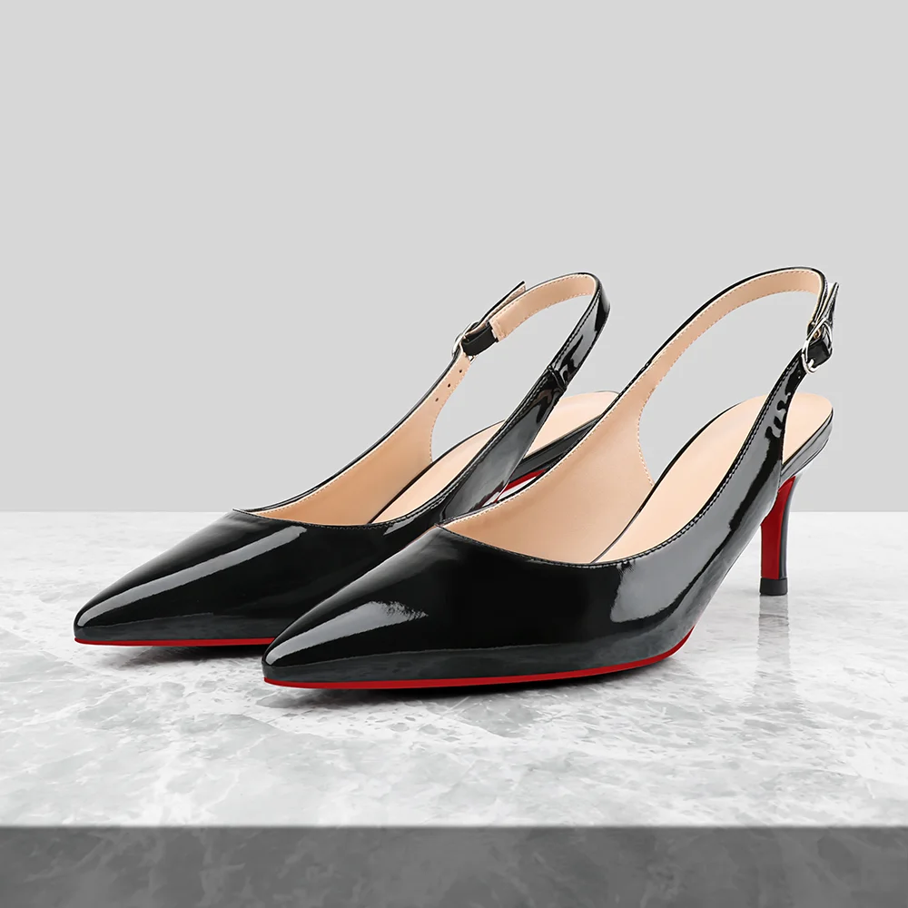 60mm Women's Pointed Toe Slingback Black Shoes Kitten Heel Red Bottom Sandals Low Heels