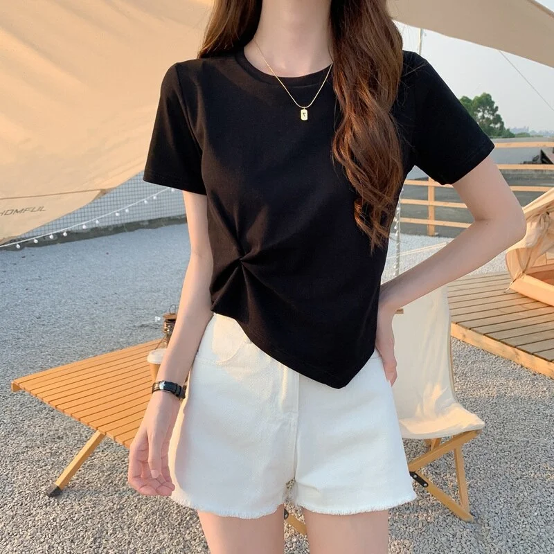 crop top summer solid T shirt Women short sleeve T-shirt Harajuku Korean young girl black white slim short Tops woman tshirts