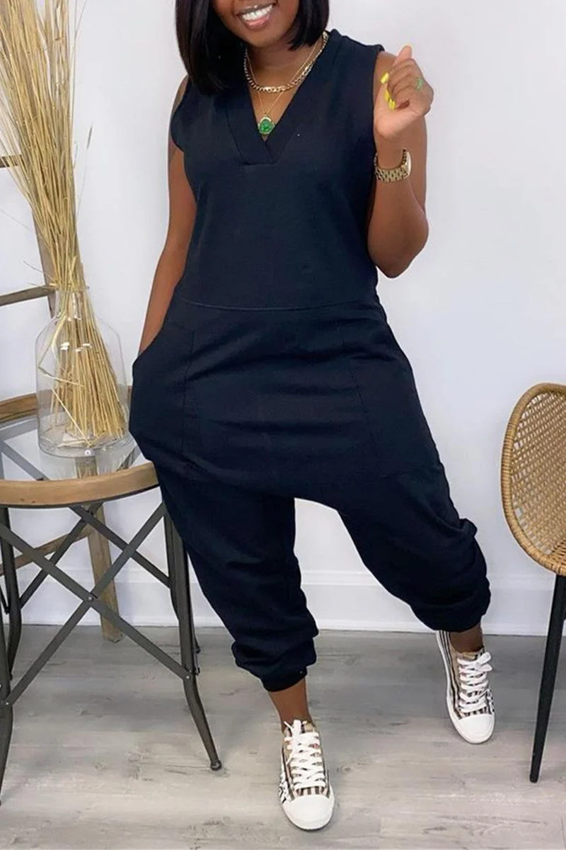 Casual Solid Basic V Neck Regular Sleeveless Jumpsuits