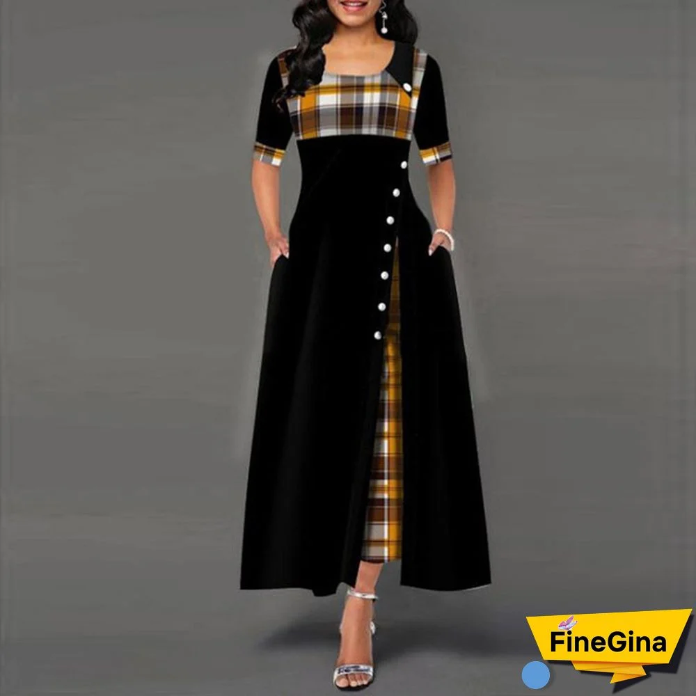 Women's Fashion Half Sleeve Plaid Print Button Detail Maxi Dress Vintage Dress Plus Size S-5XL