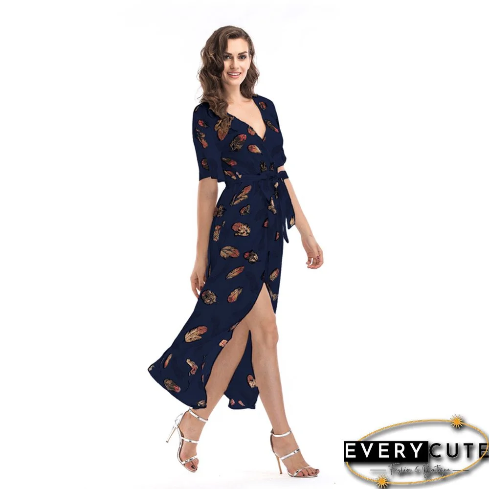 Khaki Short Sleeve Foral Chiffon Boho Dress