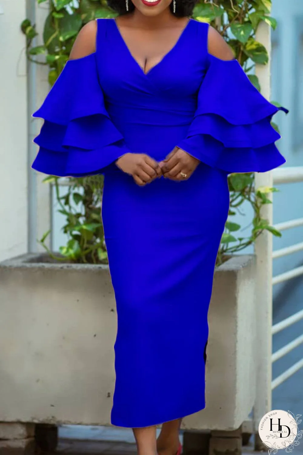 Blue Fashion Solid Hollowed Out Slit V Neck Long Dress