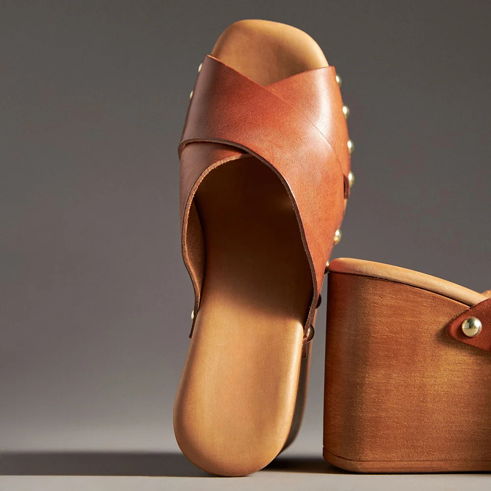 Simple Brown Open-Toe Wedge Heel Cross-Strap Studded Mules Shoes