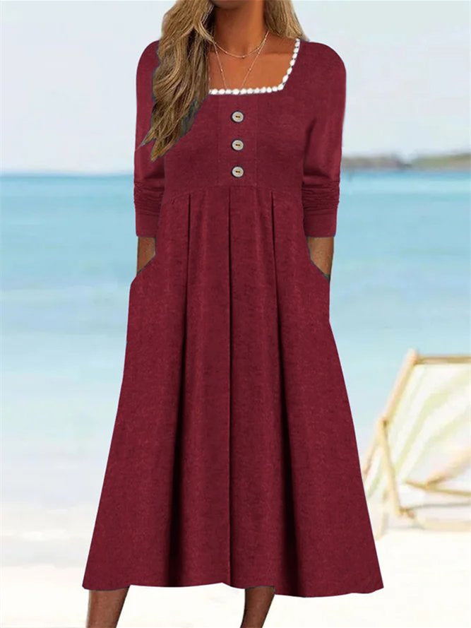 Women's Long Sleeve Square Collar Lace Stitching Midi Dress