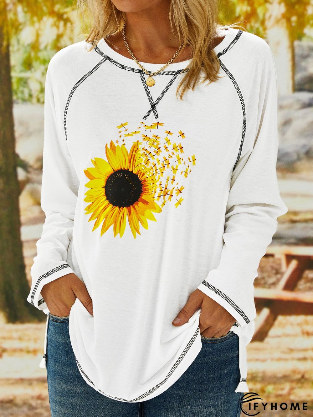 Sunflower Long Sleeve Crew Neck Casual Tunic T-Shirt | IFYHOME