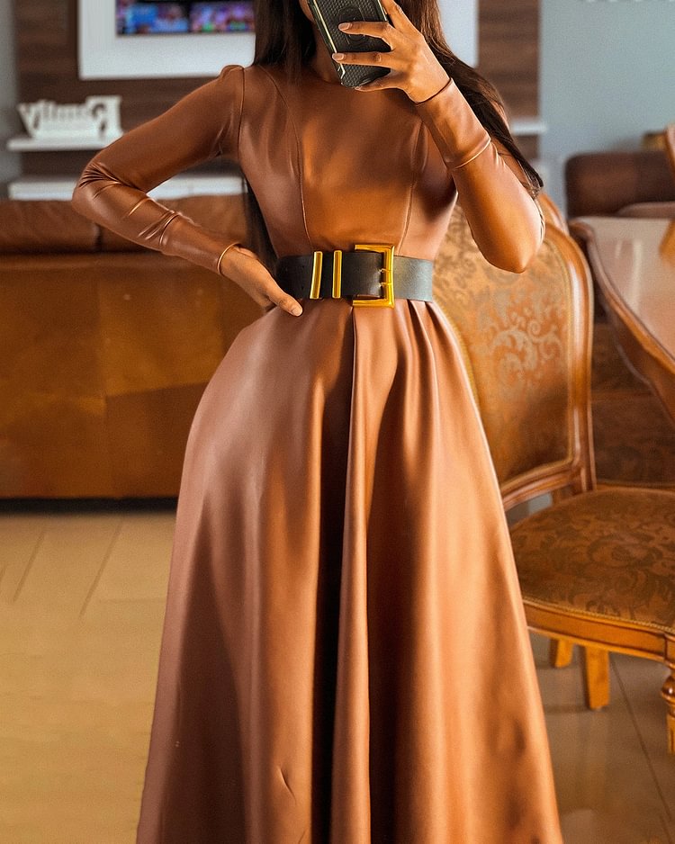PU Leather Chestnut Maxi Dress Long Sleeve Dresses