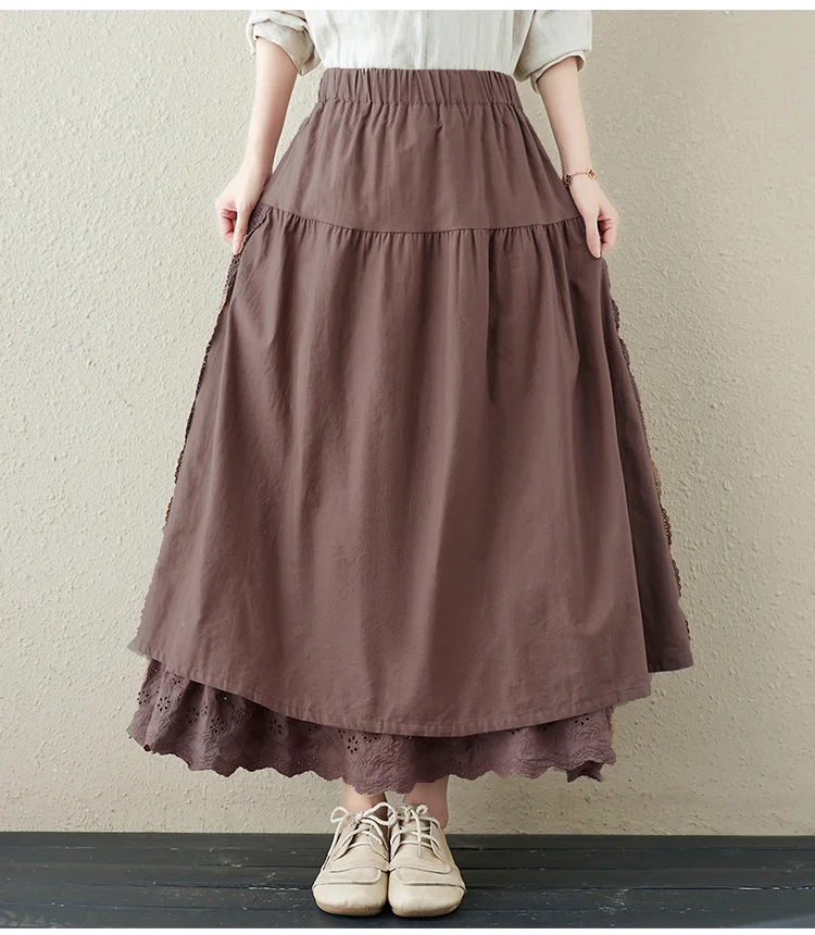 Linen Embroidery High-Waisted A-line Skirt