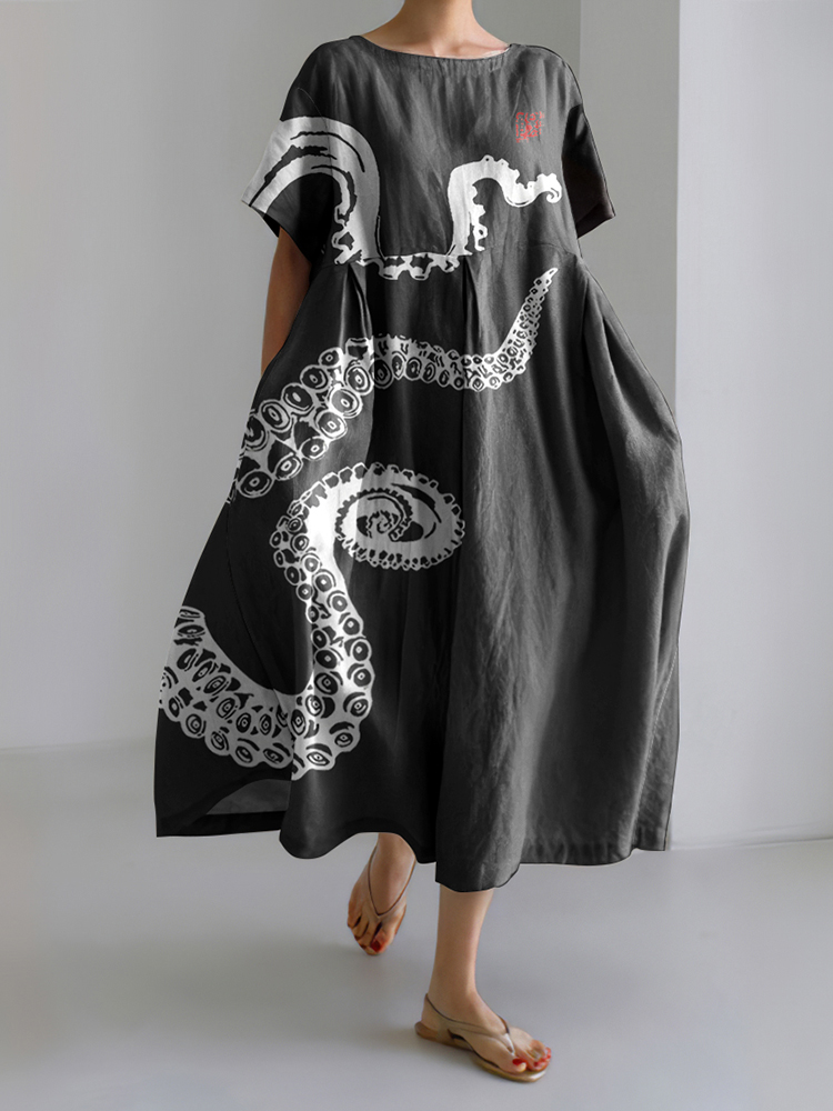 Comstylish Japanese Art Octopus Graphic Short Sleeved Loose Midi Dress
