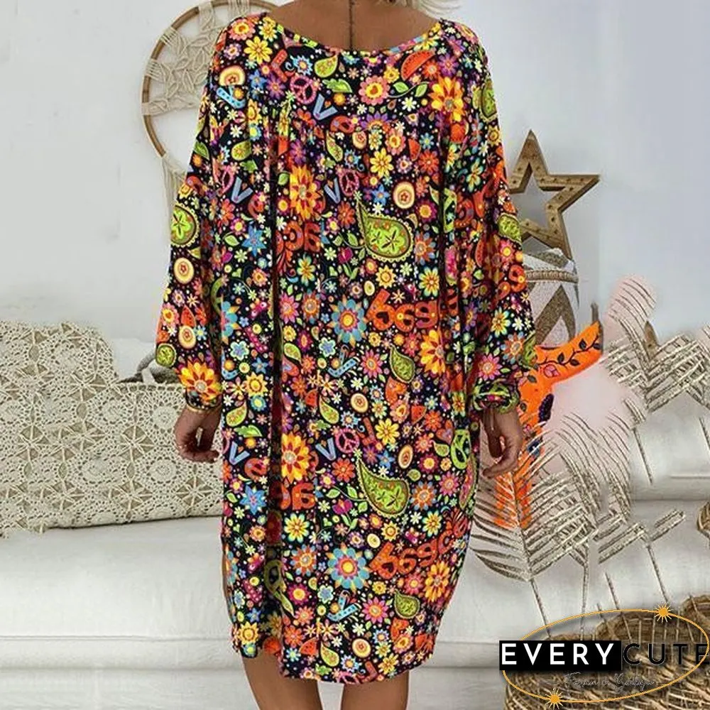 Short Sleeve Printed V Neck Loose Dress