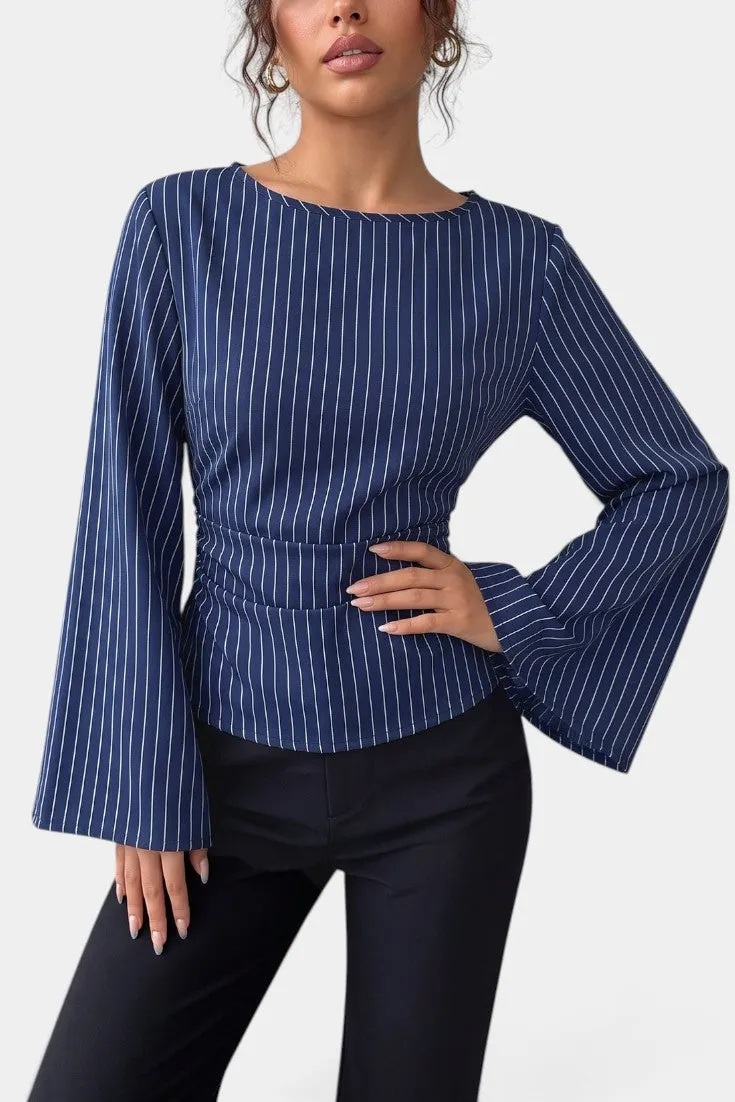 Pinstripe Blouse with Bell Sleeves & Cinched Waist