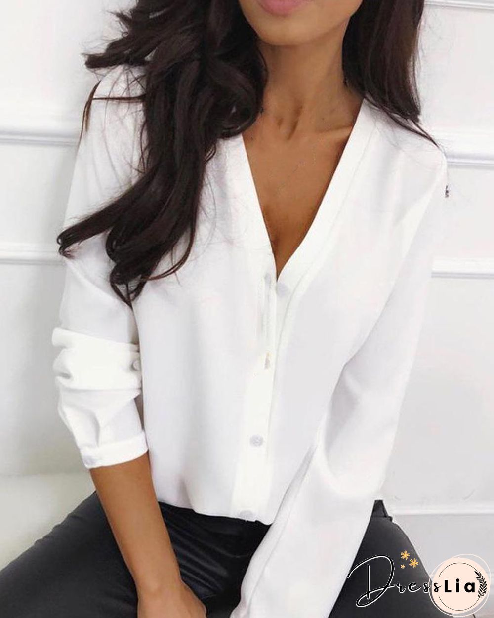 V Neck Chiffon Button Up Blouse P16120