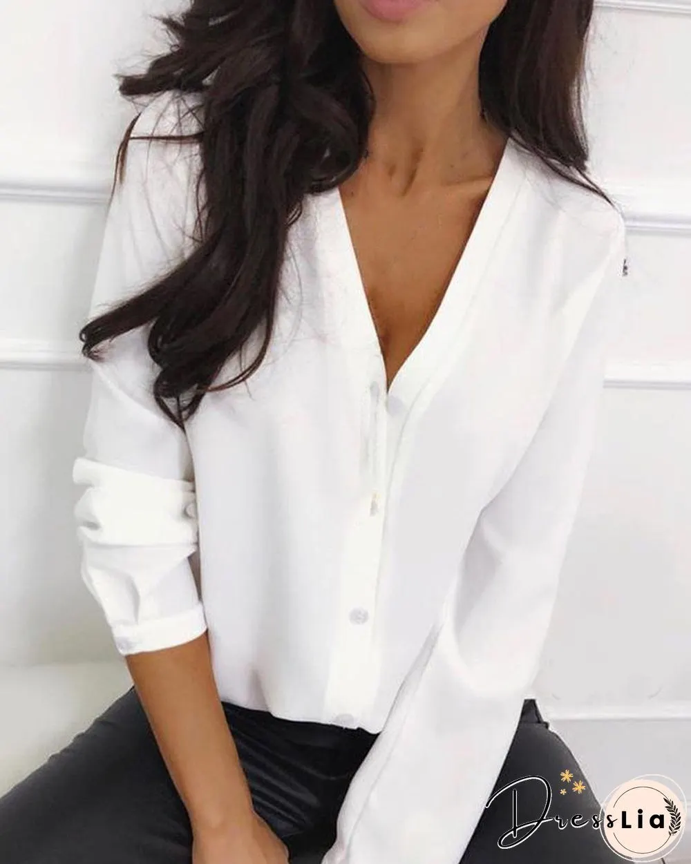 V Neck Chiffon Button Up Blouse P16120