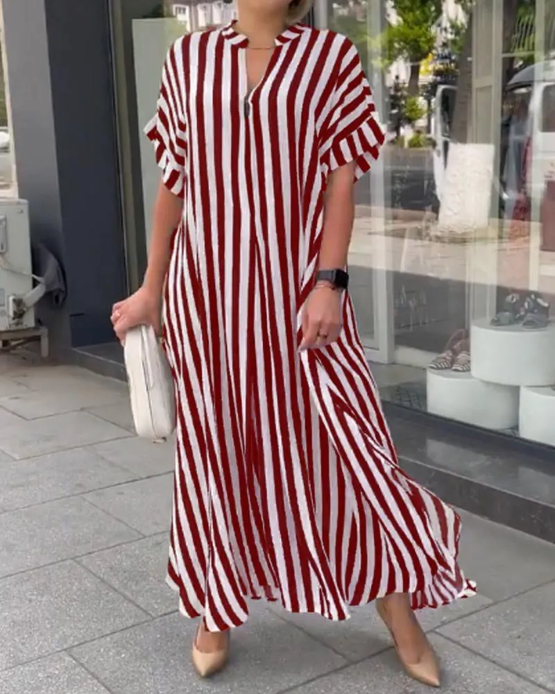 Churchf Churchf Women's Fashion Side Slit Stripe Loose Casual Short-Sleeved Dress
