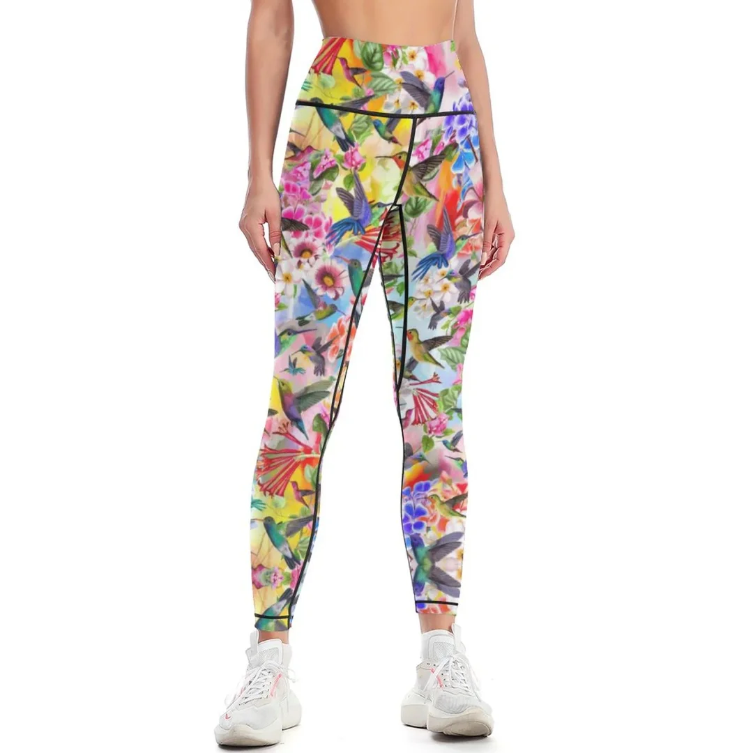 Humming Birds And Flowers Yoga Pants for Women High Waisted Active Casual Wear Full Length Yoga Leggings