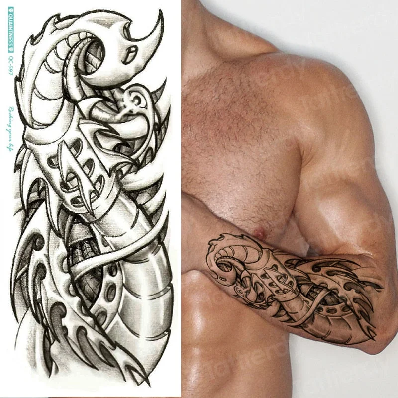 Black Stylish 3D New Man's Half Sleeve Arm Temporary Totem Tattoo Stickers Mechanical Body Art Tatoos for Boys Mens Armband