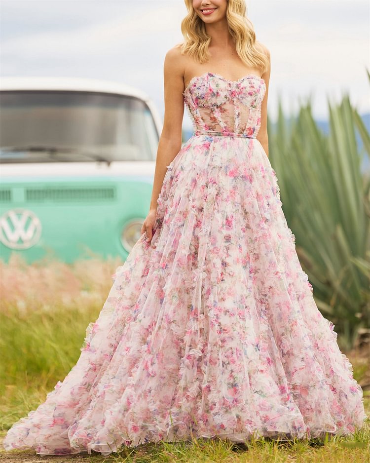 Women's Mesh Ruffles Printing Dress
