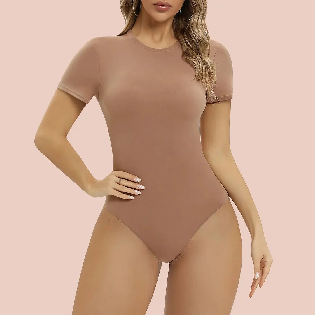 short Sleeve Bodysuit Tops Crew Neck Thong Body Shaper