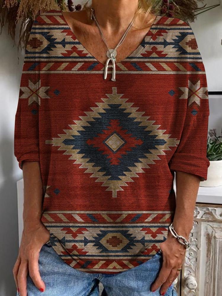 Women's Fashion New Casual V-neck Long-sleeved Ethnic Style T-shirt