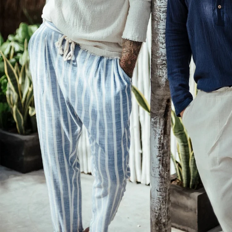 Mens Holiday Linen Navy Striped Trousers e158