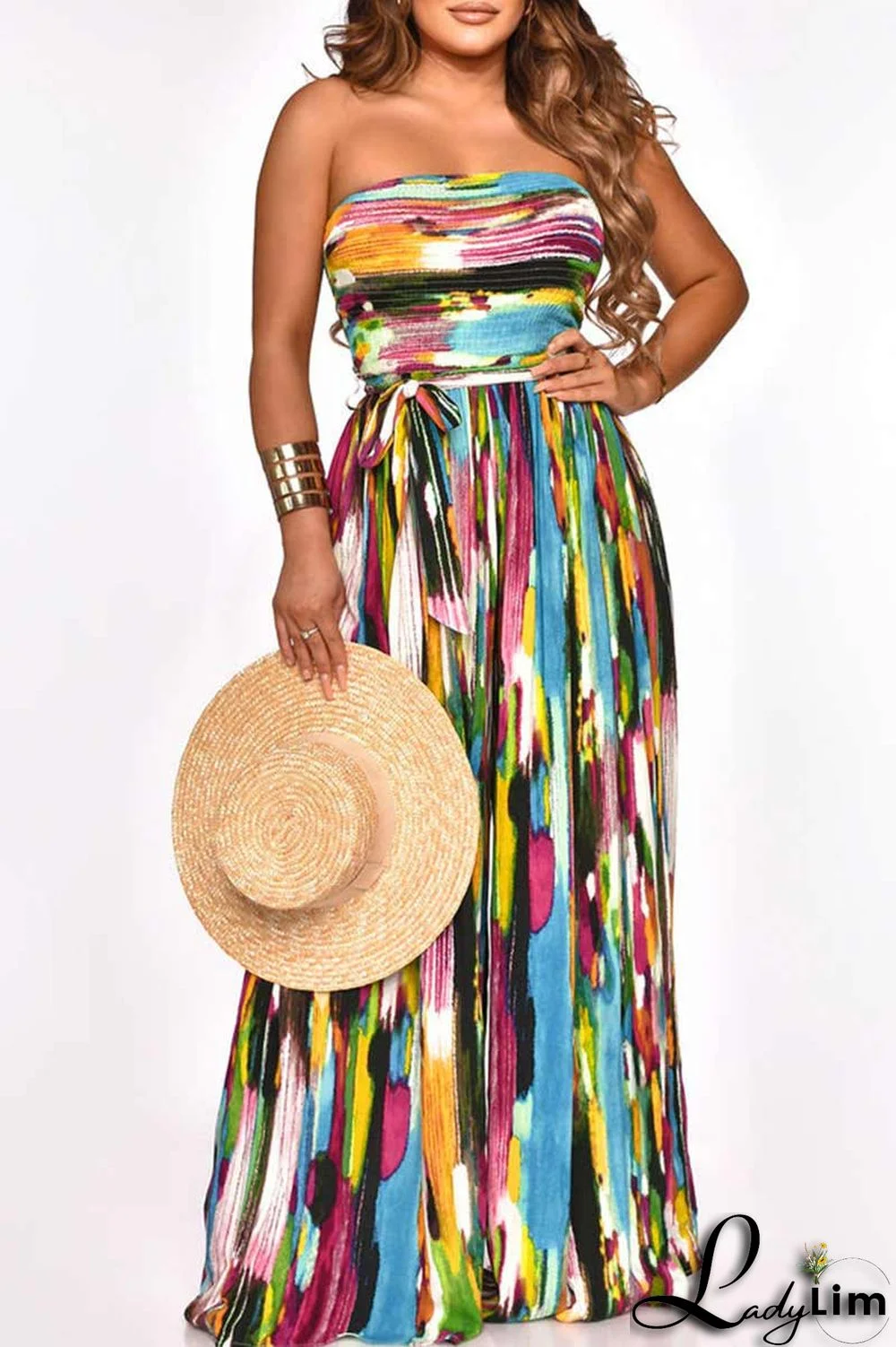 Colour Casual Print Patchwork With Belt Strapless Straight Jumpsuits