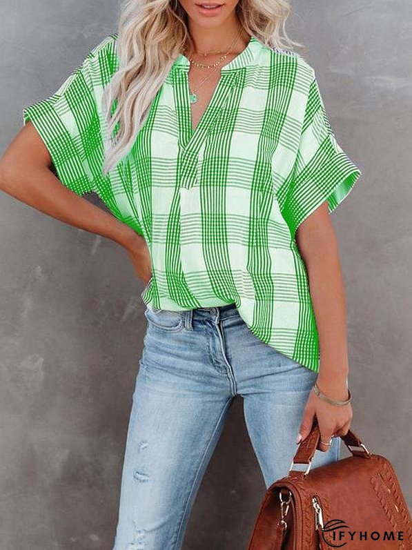 Women's Blouses V-Neck Plaid Short Sleeve Blouse | IFYHOME