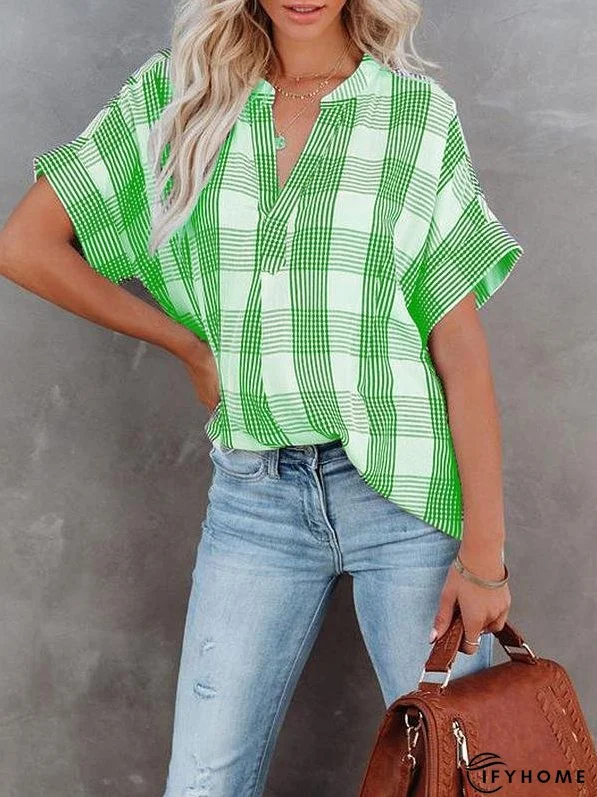 Women's Blouses V-Neck Plaid Short Sleeve Blouse | IFYHOME
