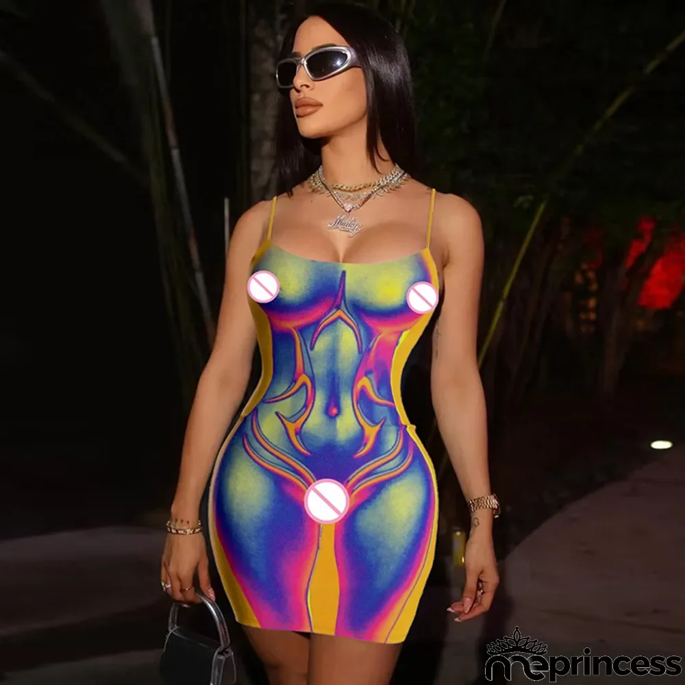 Women'S Spring Fashion Print Sexy Low Back Slim Strap Dress