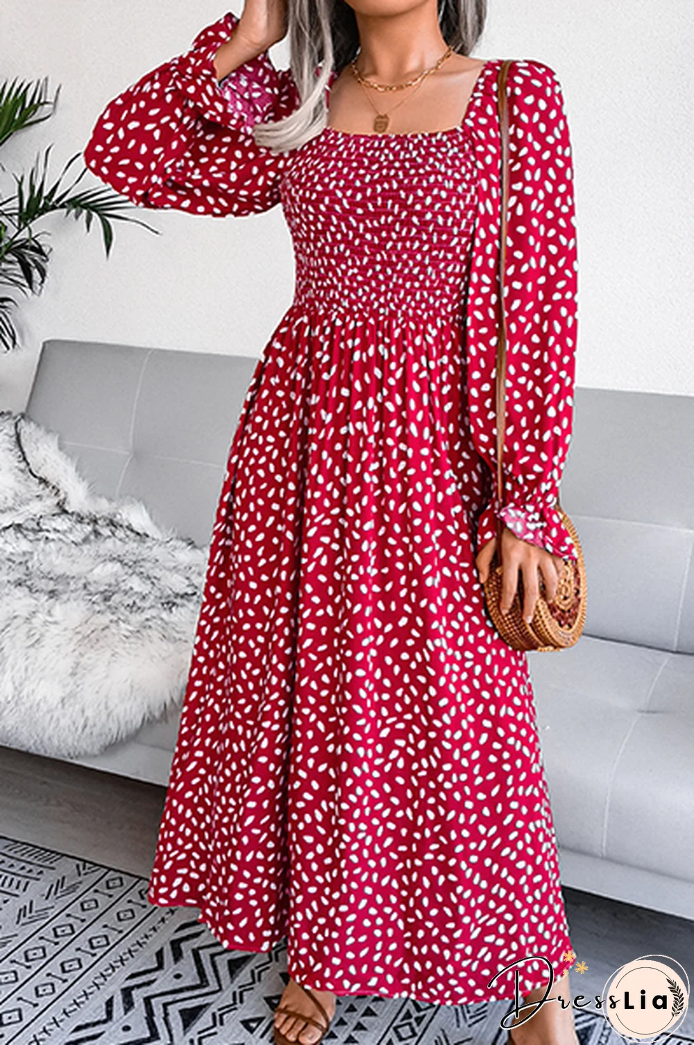 Elegant Print Flounce Fold Square Collar Dresses