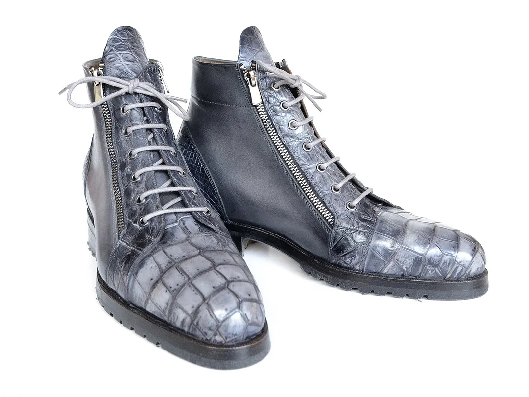 Gray Genuine Crocodile & Calfskin Side Zipper Boots
