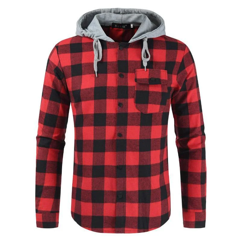 Men's Plaid Shirt Casual Hooded Long Sleeve Pocket Shirt Light Weight