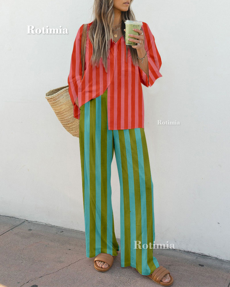 Red Green Stripes Print Casual Two-Piece Set
