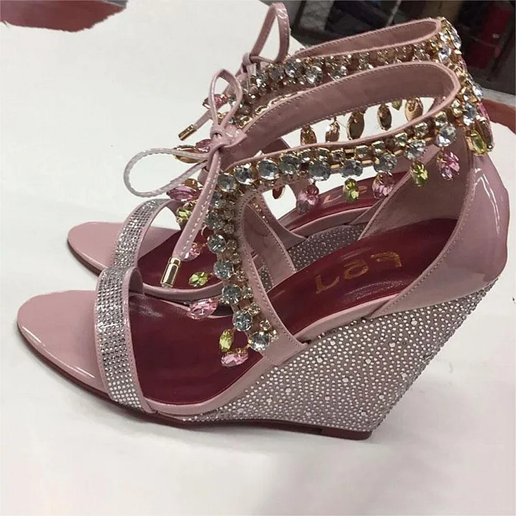 Custom Made Pink Patent Leather Rhinestone Wedges |FSJ Shoes