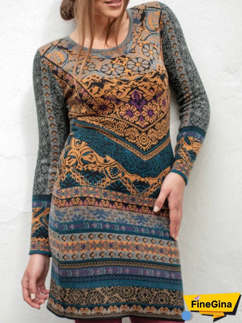 Gray Long Sleeve Cotton Casual Knitting Dress