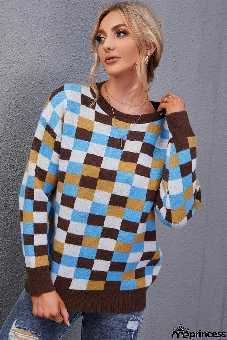 Checkered Round Neck Knit Pullover