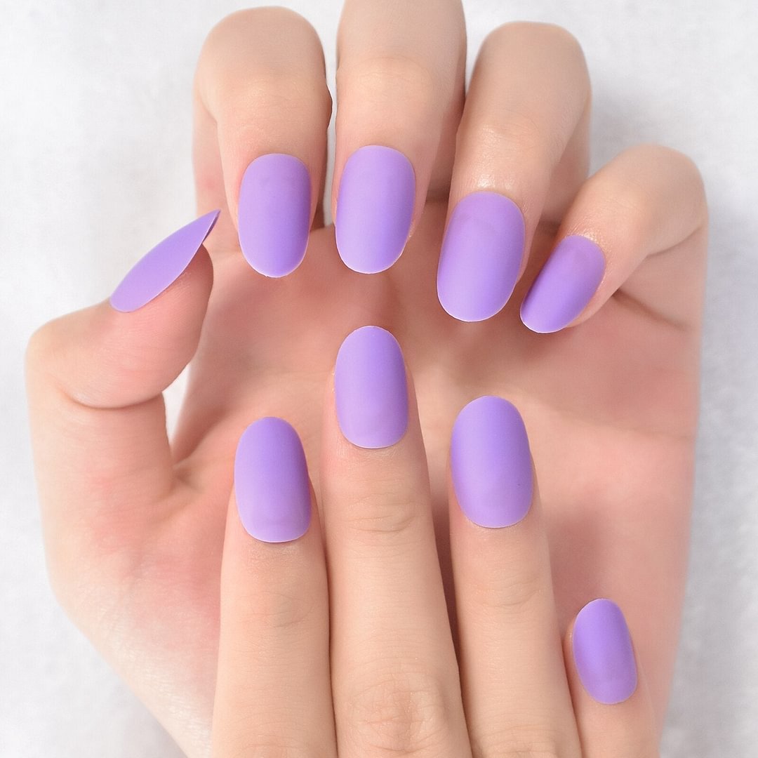 Short Purple Matte Almond Nails Pretty Fingernails Manicure Press On Nails Art Pure Color Fake Nails Wholesale For Daily Wear