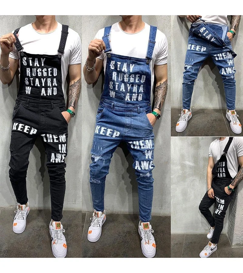 Letter Print Knee Ripped Design Men Suspender Jeans S-3XL