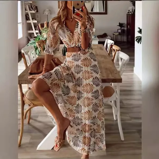 Wongn Wongn Summer Women's New V-Neck Print Folding Holiday Dress