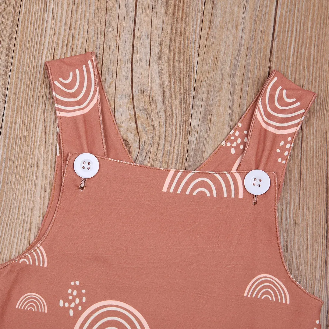 2021 Baby Summer Clothing Baby Girls Rainbow Print Romper, Sleeveless Square Collar Jumpsuit with Buttons