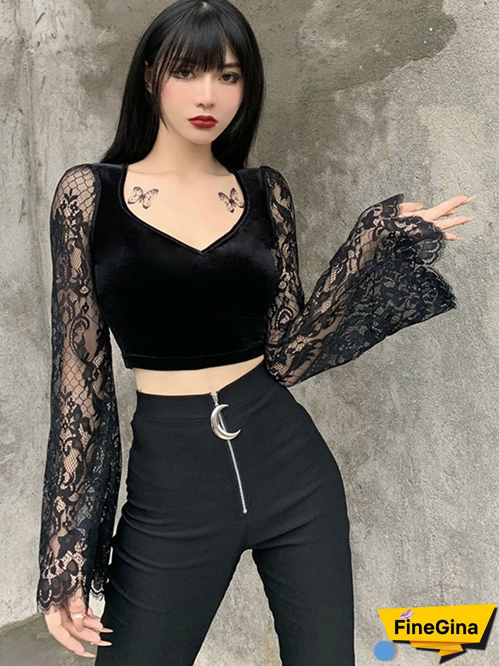 Vintage Gothic Velvet Lace Tops Harajuku Sexy See Through Long Sleeve Crop Top Women Autumn Elegant Aesthetic Basic Tops