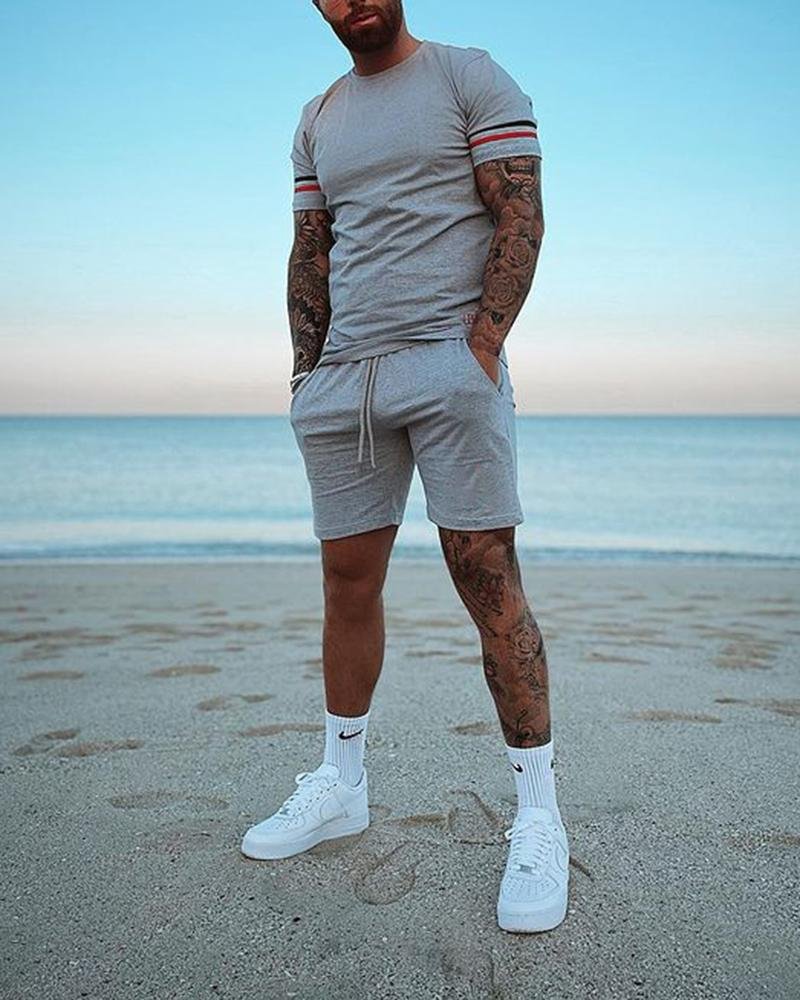 Casual Gray Short-sleeved T-shirt Sports Suit Lace-up Shorts
